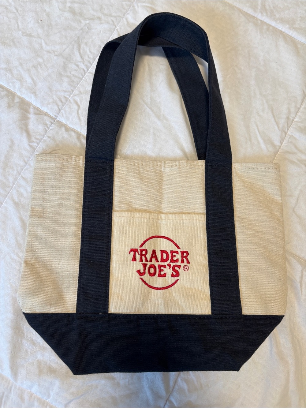 Mini Trader Joe’s Canvas Tote in Cream with Black Accents and Red Logo